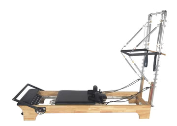 Core Collab Eco Pilates Reformer with Tower, wooden frame, side view