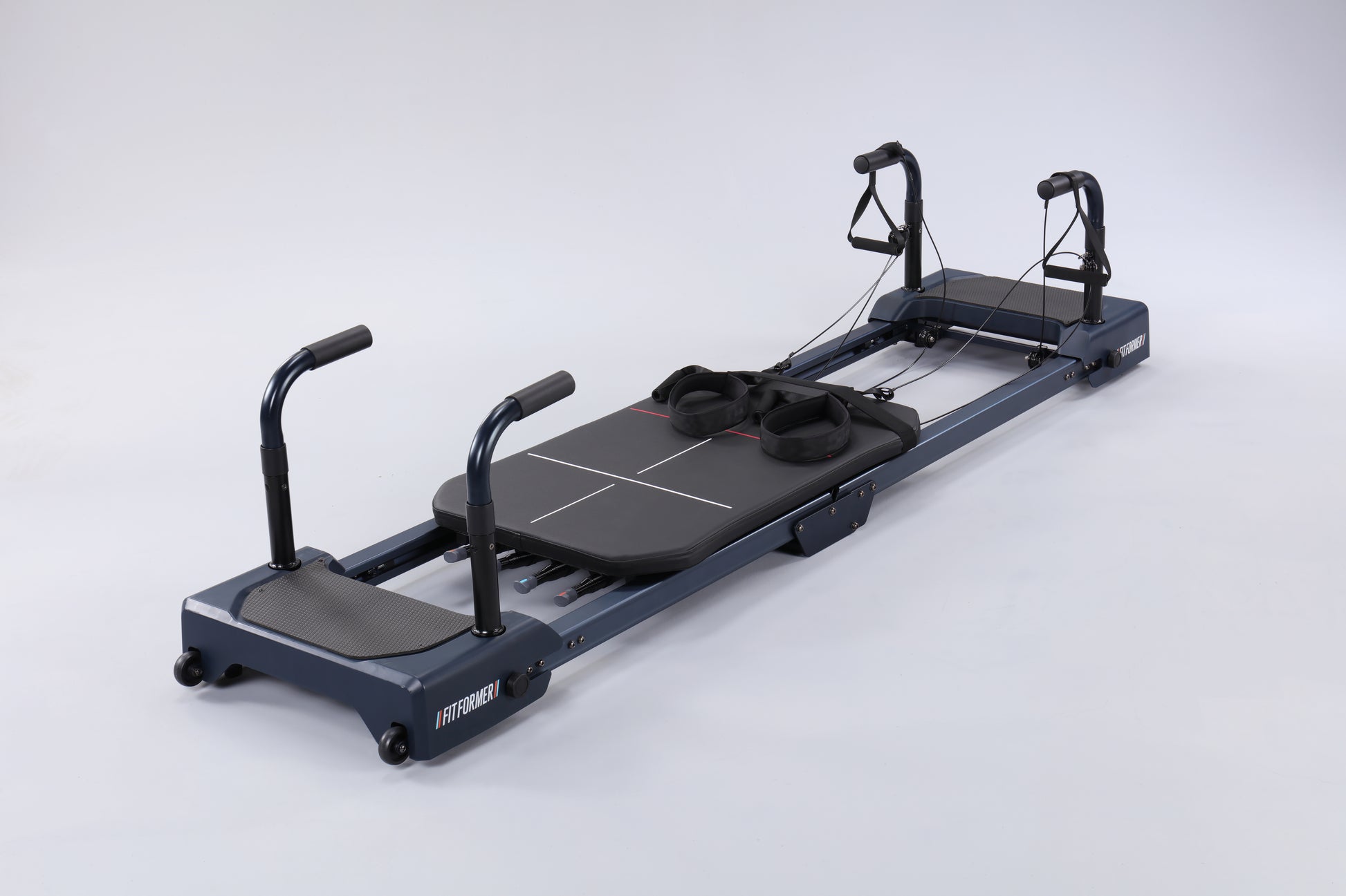 FitFormer 2.0 Home Pilates Reformer, black frame, side view