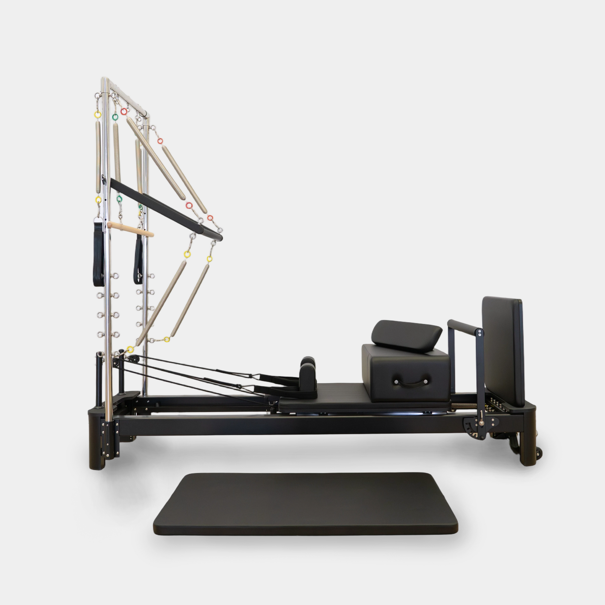black aluminium pilates reformer with half tower belonging to pe pilates in a white background