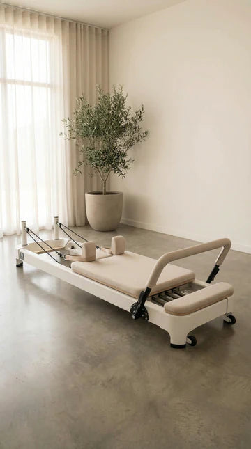 Core Collab Queen 2.0 Studio Pilates Reformer, light frame, luxury home setup
